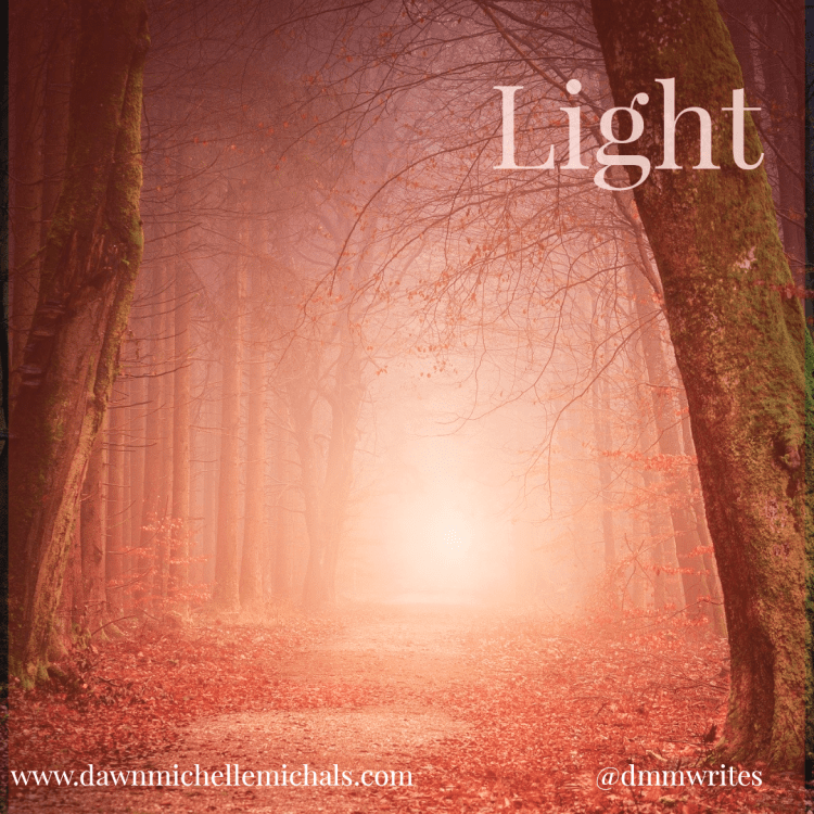 Trees line a path leading to a glowing light. The word Light is in the upper right corner. The words www.dawnmichellemichals.com and @dmmwrites are listed at the bottom. 