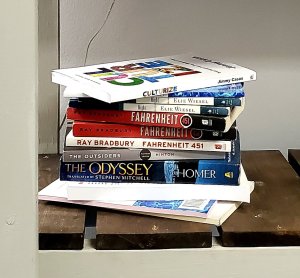 A stack of 11 books on a book shelf. 
The stack includes
Culturize
The Odyssey by Homer
Fahrenheit 451 by Ray Bradbury
 